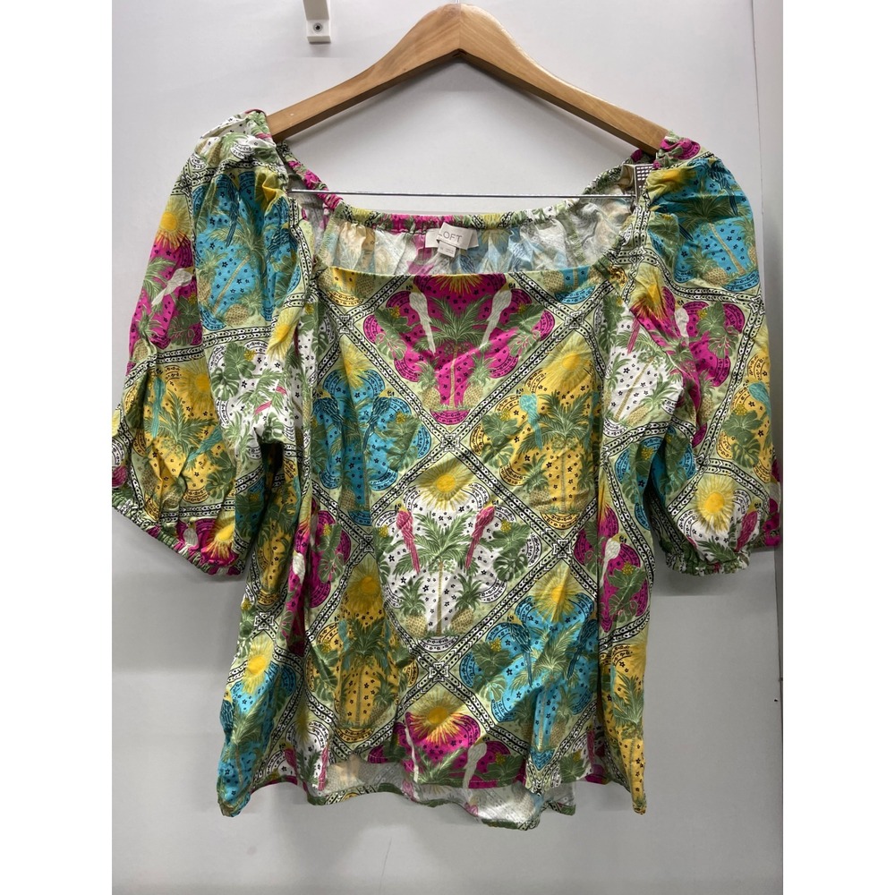 Loft Tropical Tile Print Puff Sleeve Blouse Square Neck Pink Yellow Medium